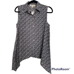 Michael Kors Black White Printed Vneck Blouse Small
